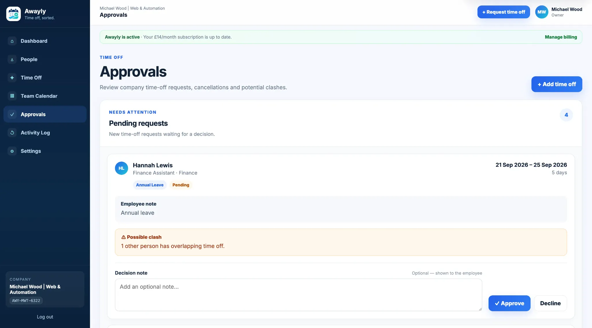 Awayly annual leave approvals screen showing a pending holiday request and potential clash warning