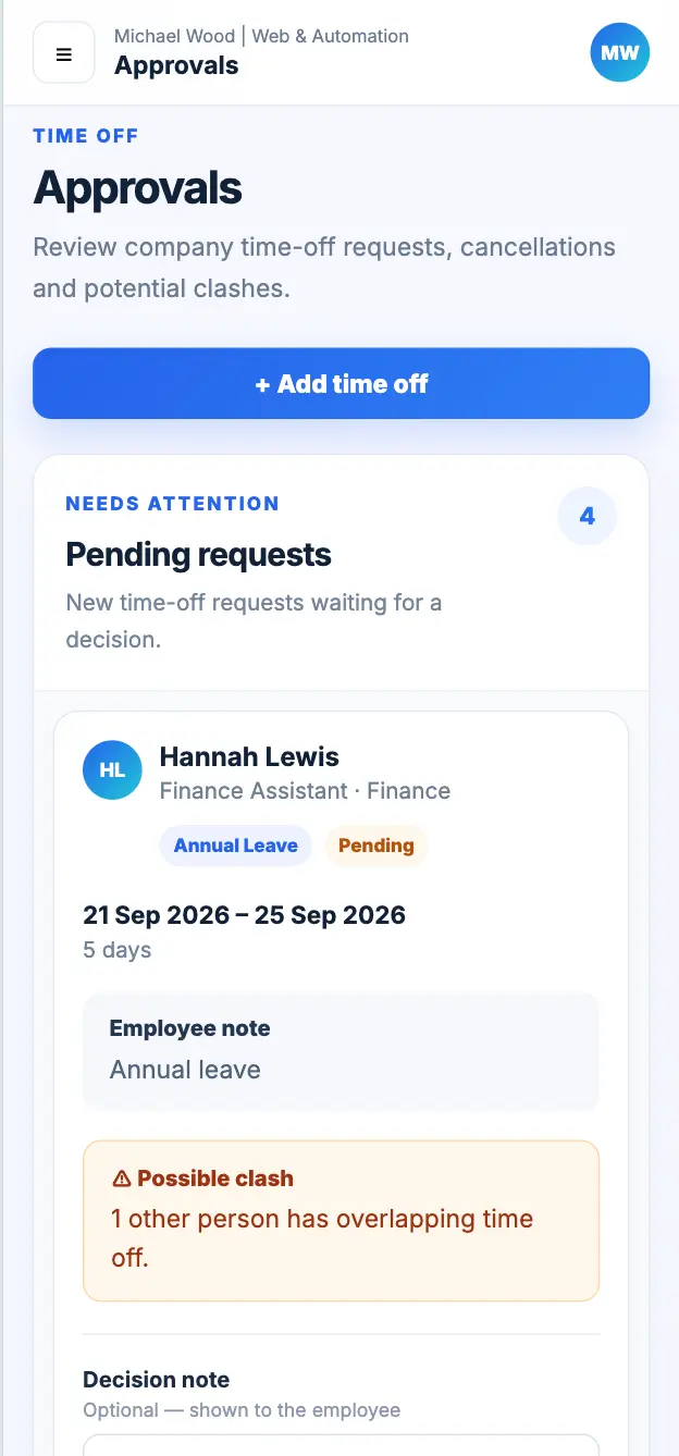 Awayly leave approval screen on mobile
