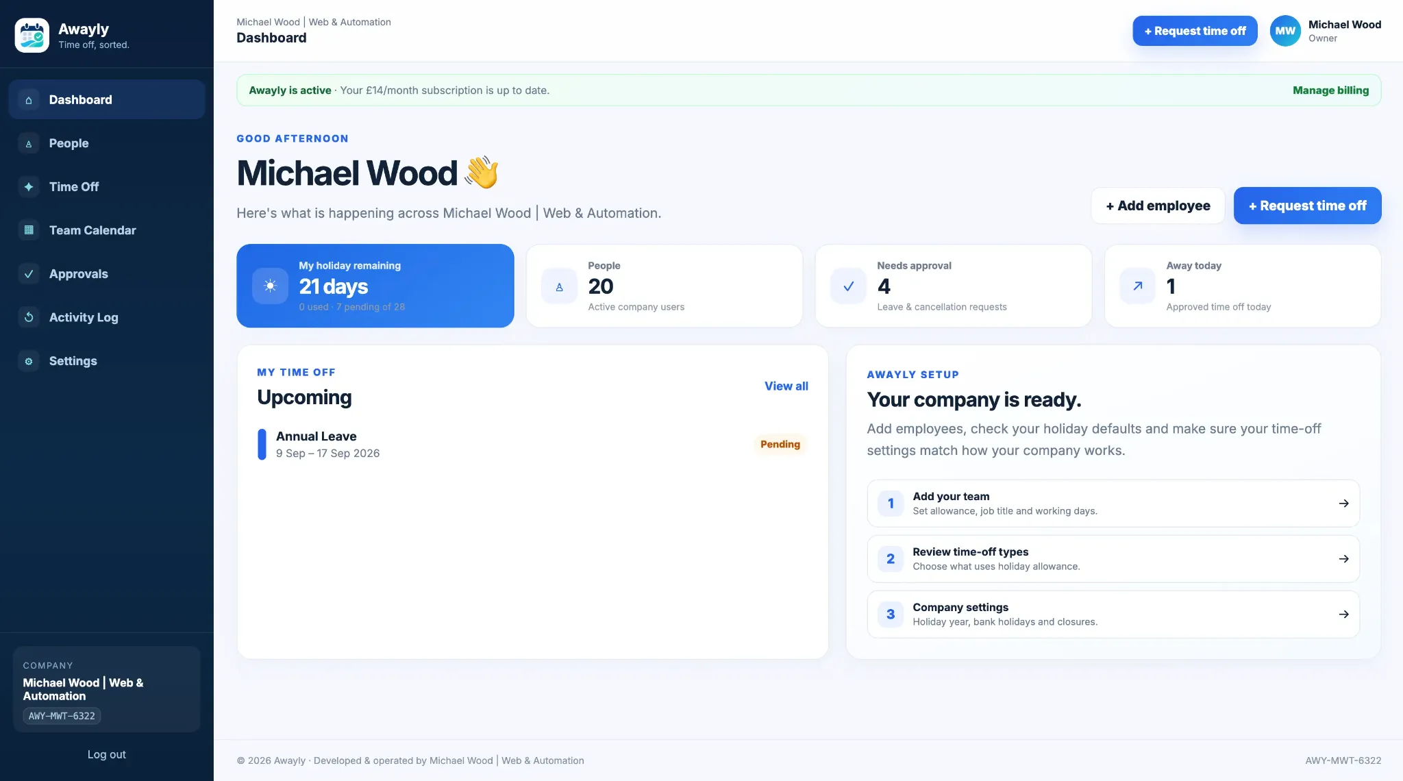 Awayly holiday and absence management dashboard
