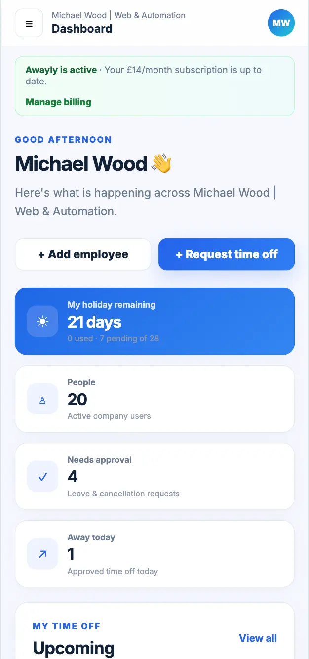 Awayly employee holiday dashboard on mobile