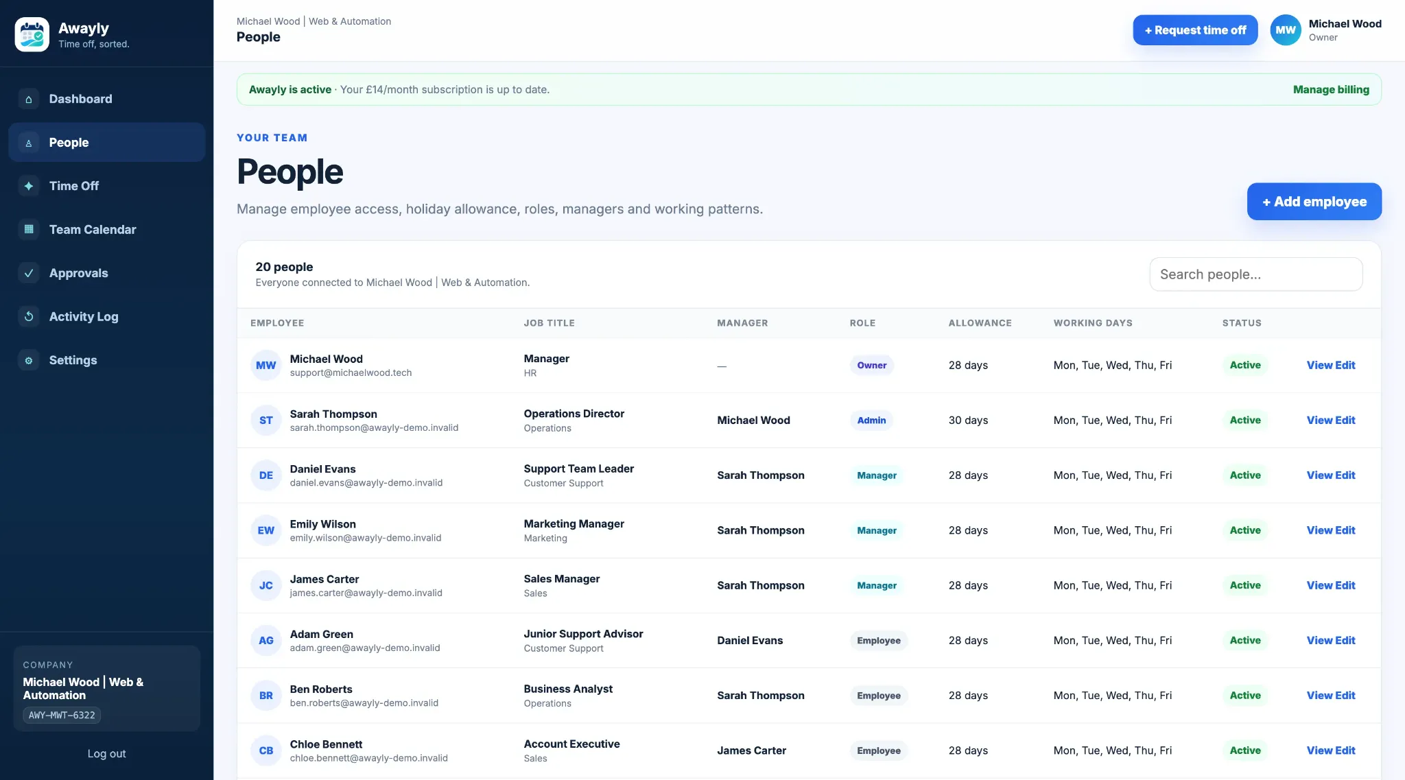 Awayly people management screen for employees, managers and roles