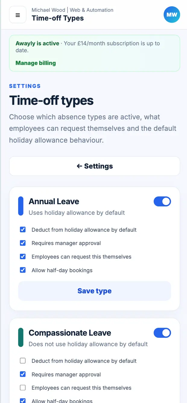 Awayly time-off settings on mobile