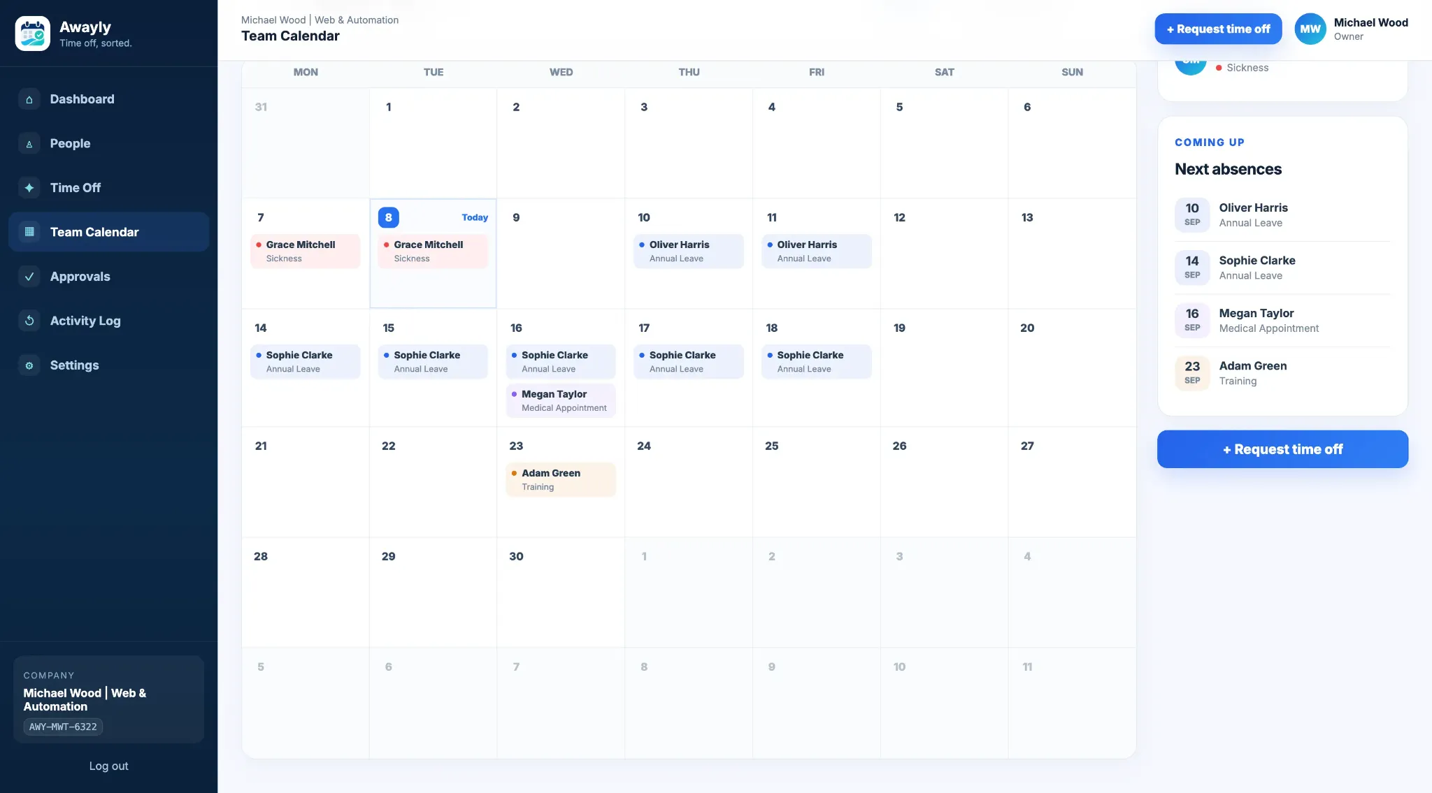 Awayly team absence calendar showing annual leave, sickness, appointments and training