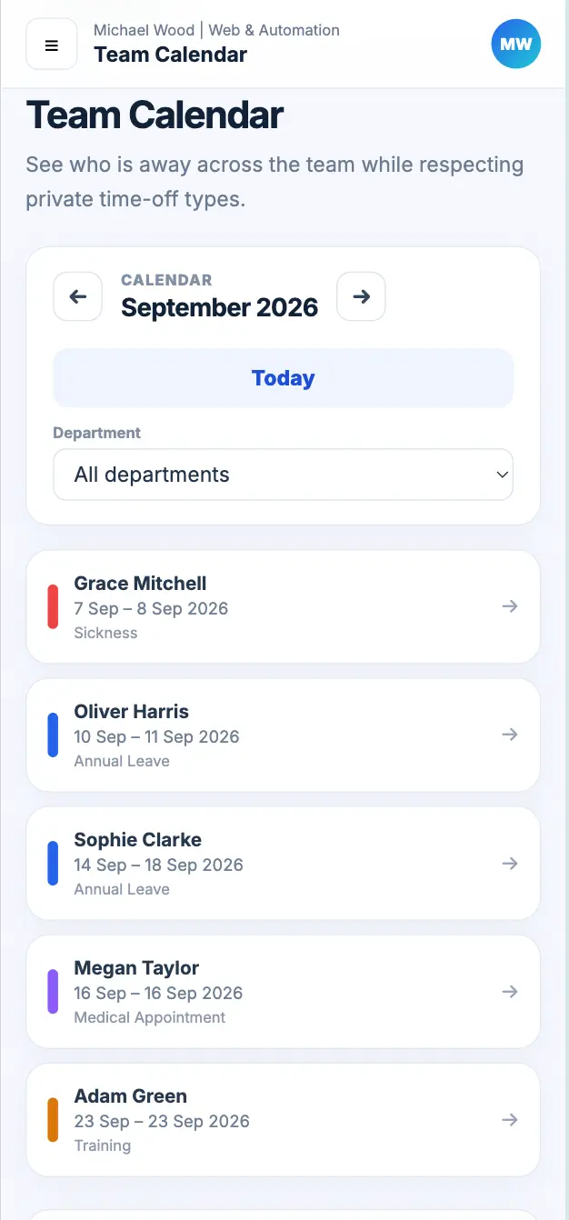 Awayly team absence calendar on mobile