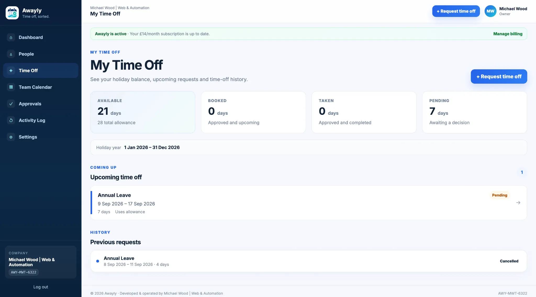 Awayly employee time-off balance and holiday request history